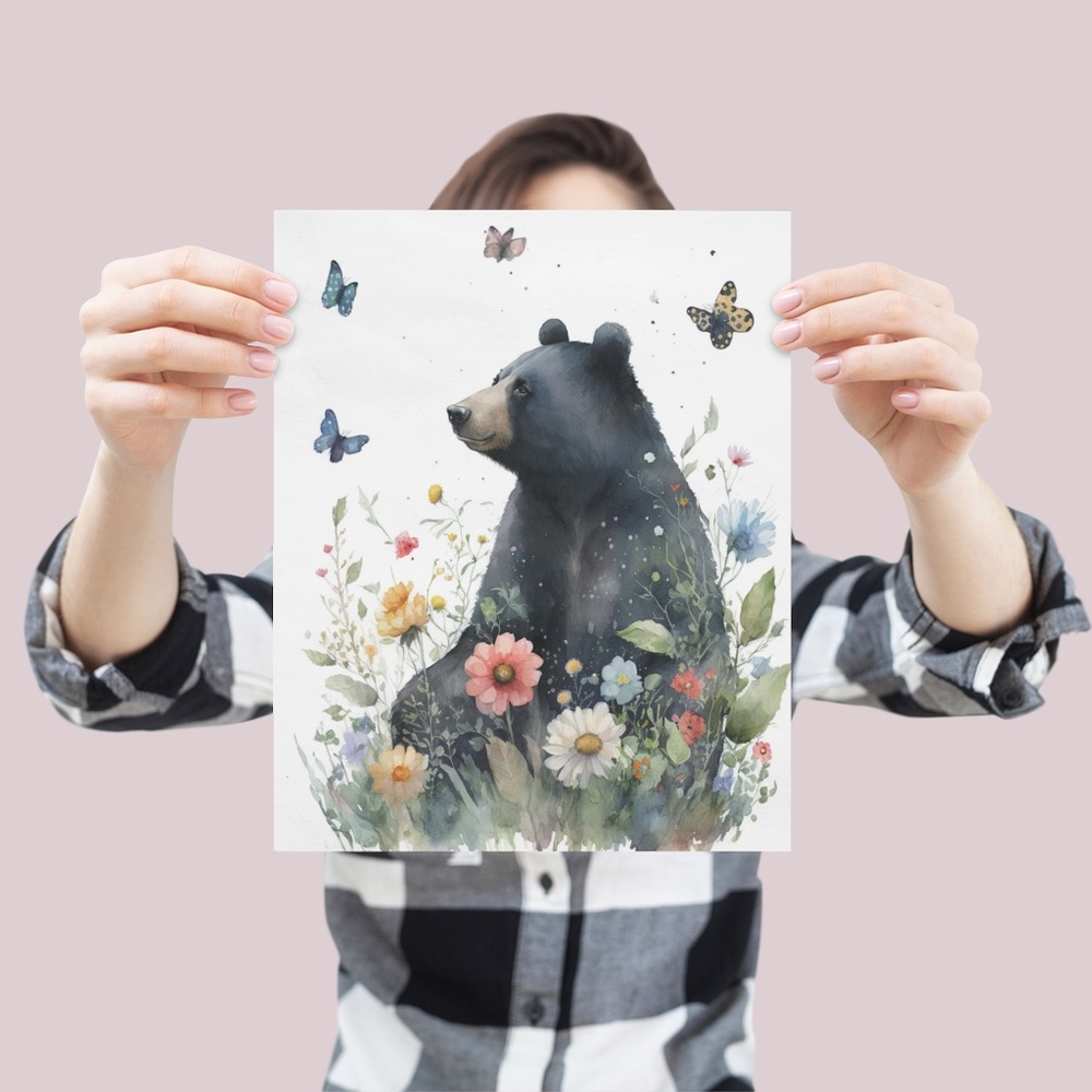 Floral Black Bear Watercolor Portrait Wall Art Illustration Print Unframed - Picture 4 of 6